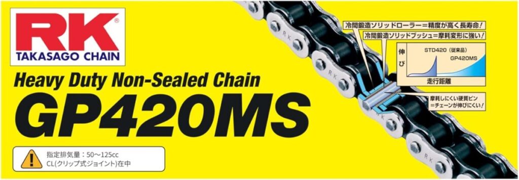 モンキー125のチェーン：RKの美しいメッキと薄型シール