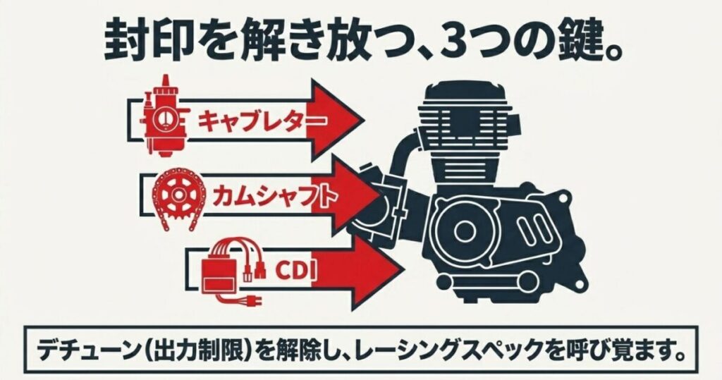 NSF100とエイプ100のエンジン：エイプ100の出力制限（デチューン）を解除し、レーシングスペックを呼び覚ますための3つの鍵である「キャブレター」「カムシャフト」「CDI」をエンジンイラストと共に示した図。