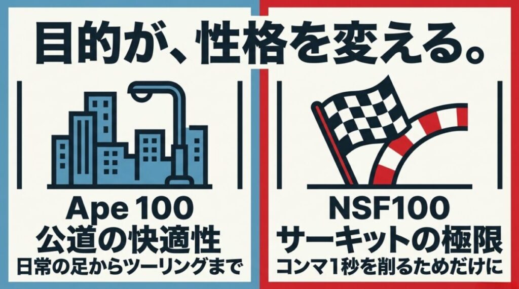 NSF100とエイプ100のエンジン：公道の快適性を追求するApe 100（日常の足からツーリングまで）と、サーキットの極限に挑むNSF100（コンマ1秒を削るためだけに）の設計思想の違いを比較したスライド。