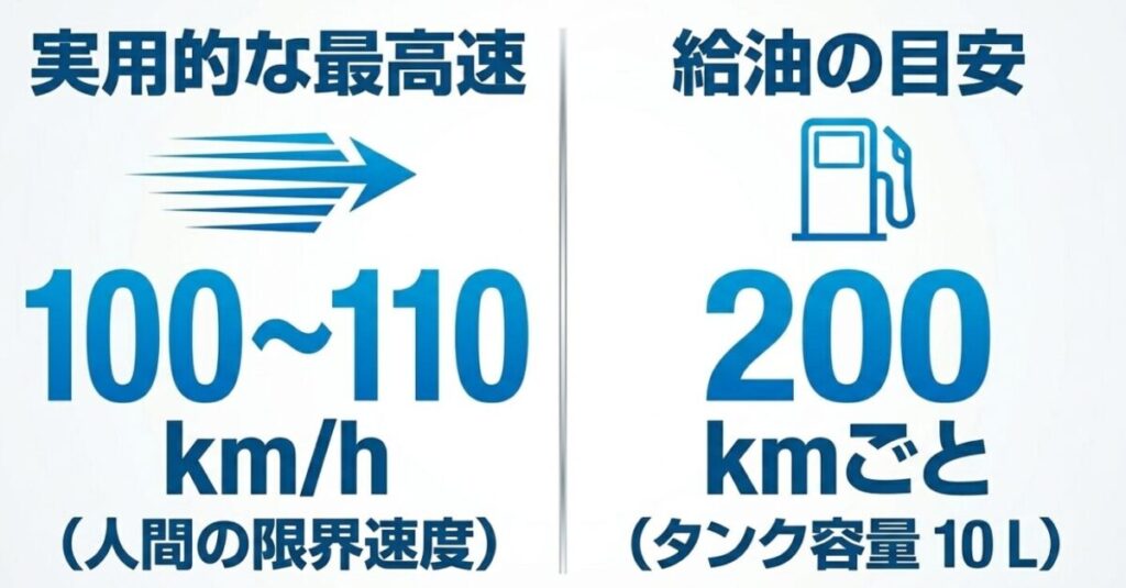 CB250Rで高速道路を走る際の実用的な最高速（100〜110km/h）と、タンク容量10Lに基づく200kmごとの給油目安