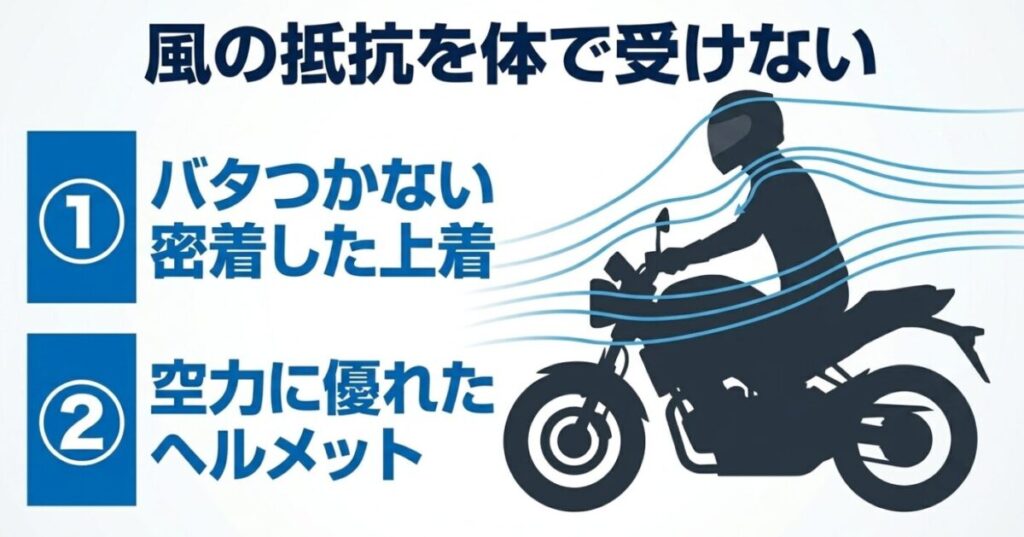 CB250R：高速道路の風の抵抗を体で受けないための、バタつかない密着した上着と空力に優れたフルフェイスヘルメット