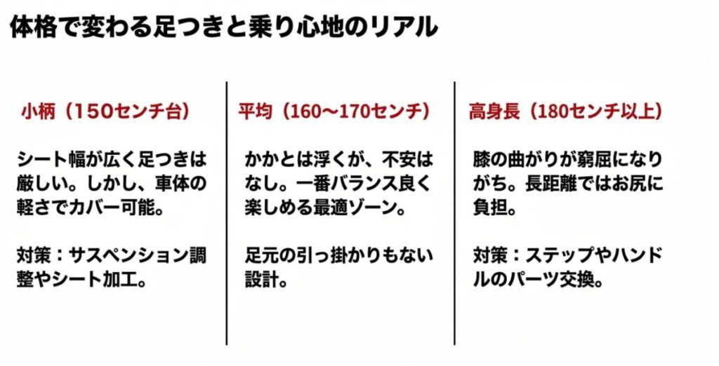 CB250R：体格で変わる足つきと乗り心地のリアル。小柄（150センチ台）、平均（160〜170センチ）、高身長（180センチ以上）のそれぞれの課題と対策。