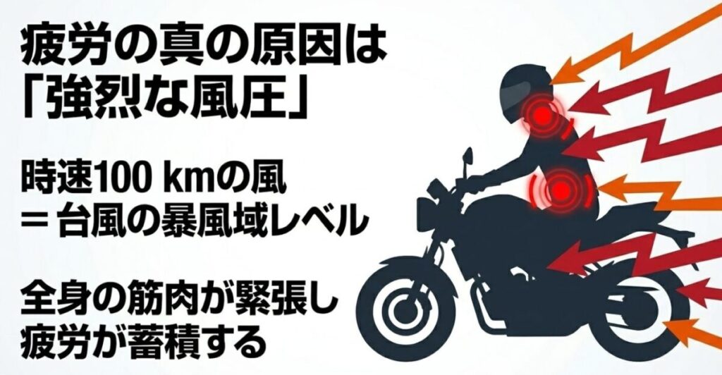 CB250Rでの高速道路走行が疲れる真の原因は、台風の暴風域レベルに匹敵する時速100kmの強烈な風圧