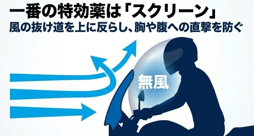 CB250Rの高速走行の一番の特効薬であるスクリーン。風の抜け道を上に反らし、胸や腹への直撃を防ぐ流体力学的効果