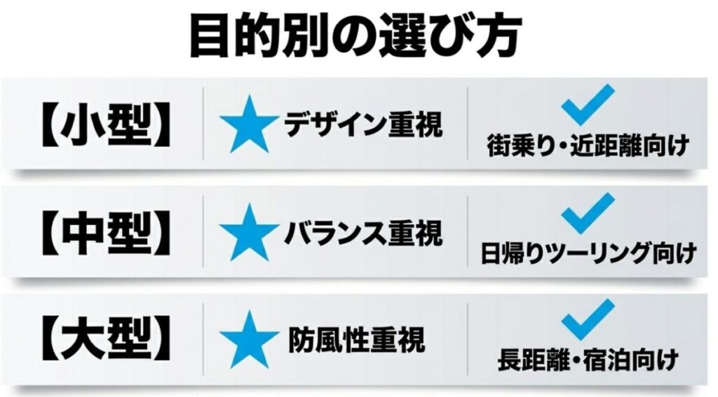 街乗り向けの小型、バランス重視の中型、長距離ツーリング向けの大型など、目的別に合わせたCB250R用スクリーンの選び方