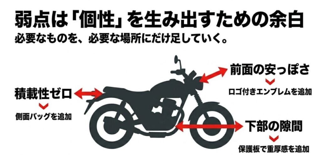 CL250:前面の安っぽさにエンブレムを追加、積載性ゼロに側面バッグを追加、下部の隙間に保護板を追加するなど、弱点を個性に変えるためのカスタム提案をまとめたスライド画像。