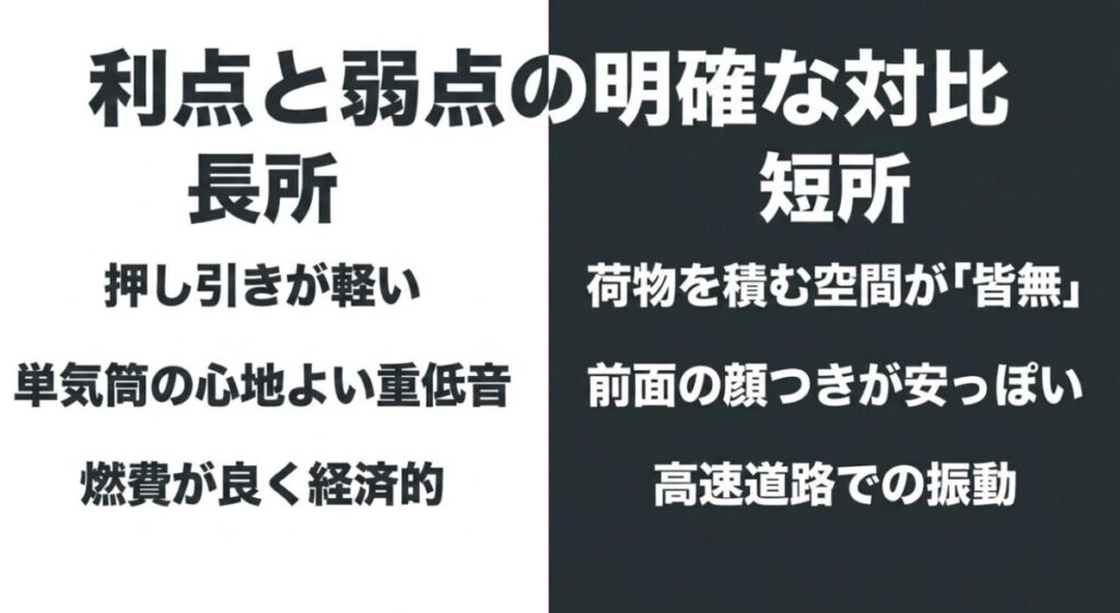 CL250の長所(軽い、重低音、低燃費)と短所(積載性皆無、顔つきが安っぽい、高速の振動)を並べて比較した、利点と弱点の対比スライド画像。