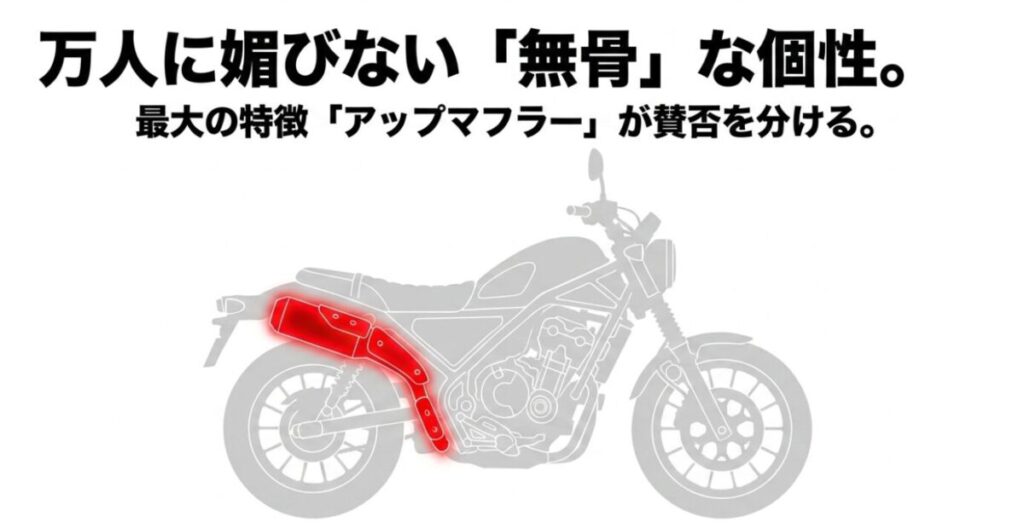 万人に媚びない「無骨」な個性として、CL250の最大の特徴である「アップマフラー」の部分を赤くハイライトしたバイクのイラストスライド。