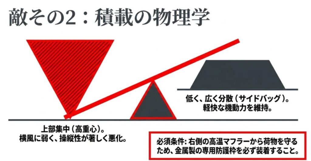CRF250ラリー：サイドバッグによる低重心分散とトップケースによる高重心集中の違い、および右側高温マフラーからの防護枠装着を説明するスライド