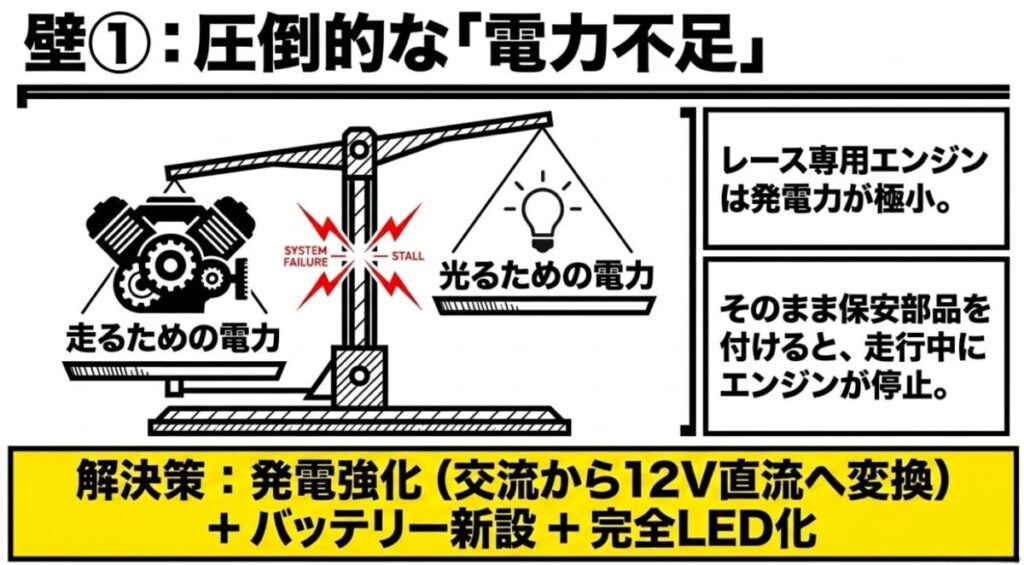 CRF250F：レース専用エンジンの極小な発電力と、走るための電力・光るための電力のバランス崩壊を示す天秤の図解