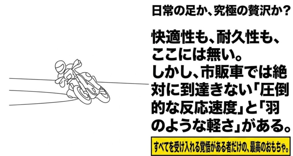 モタード化されたCRF250Fでコーナリングするライダーのイラストと、すべてを受け入れる覚悟を問うメッセージ