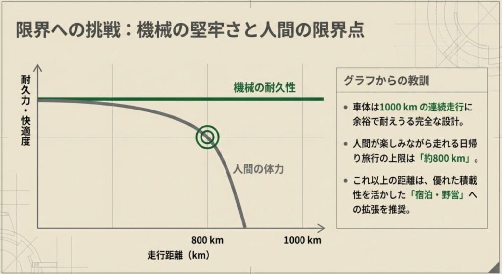 crf250rally：1000kmチャレンジから導き出した機械の耐久性と人間の体力の変化グラフ。車体は1000kmの連続走行に耐える設計だが、人間が楽しめる日帰り旅行の上限は約800kmであり、それ以上は宿泊や野営を推奨するという教訓をまとめています。