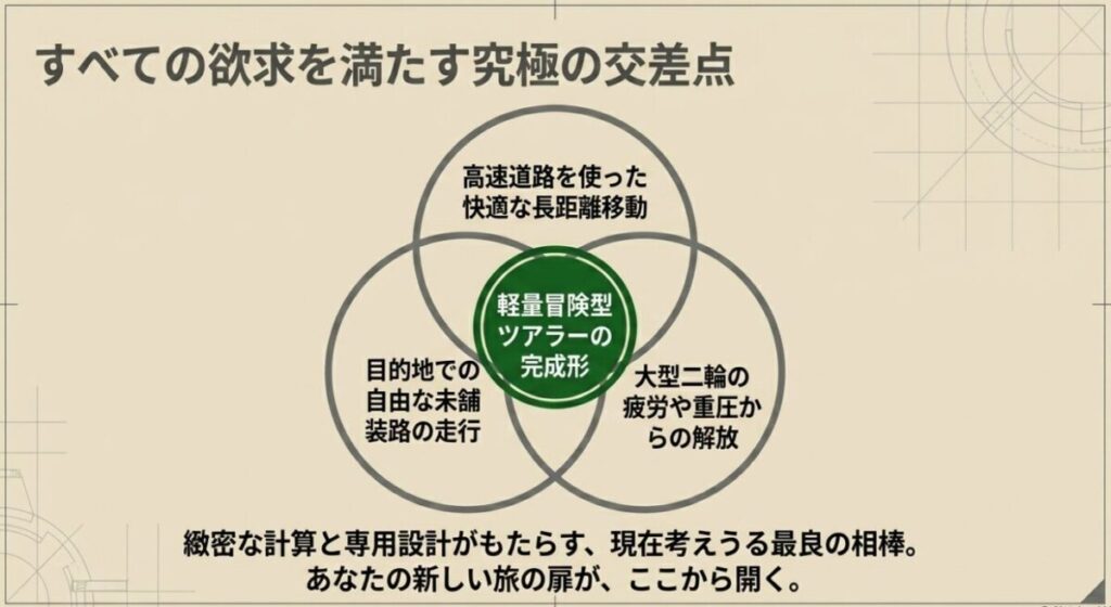 すべての欲求を満たす究極の交差点。高速道路での長距離移動、目的地での未舗装路走行、大型二輪の重圧からの解放という3つのニーズが交わる中心に「軽量冒険型ツアラーの完成形」としてCRF250ラリーを位置づけた総括スライド。