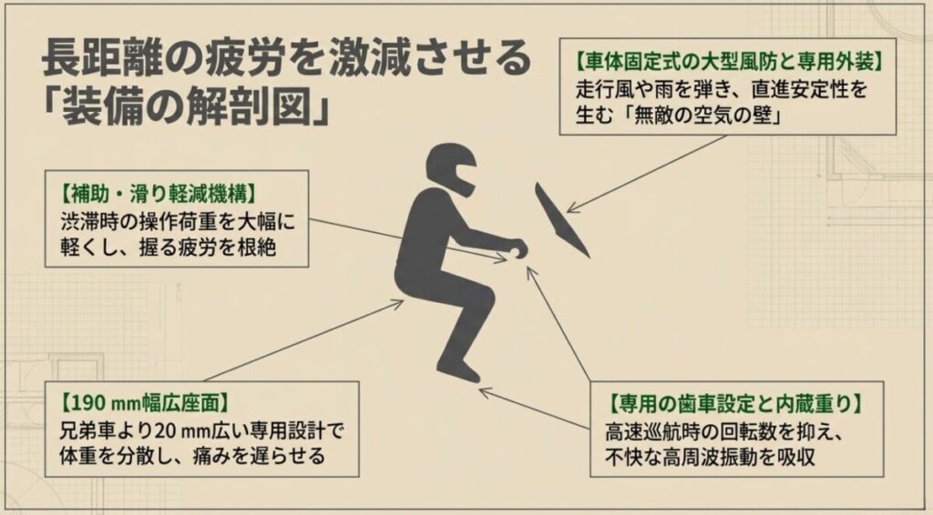 crf250rally：長距離の疲労を激減させる装備の解剖図。大型風防による空気の壁、アシスト＆スリッパークラッチ、190mmの幅広座面、専用ギア設定と内蔵ウエイトがもたらす不快な振動の吸収など、快適性を支える4つの専用設計を解説したスライド。