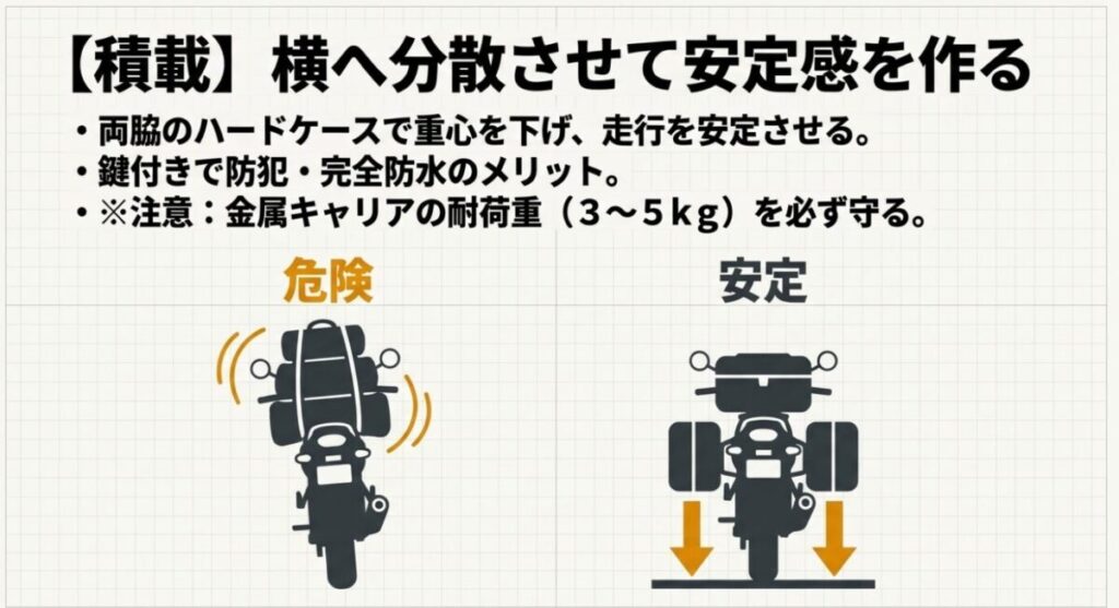 グロムのツーリング：両脇のハードケースに荷物を分散させ、重心を下げて走行を安定させる積載の図解