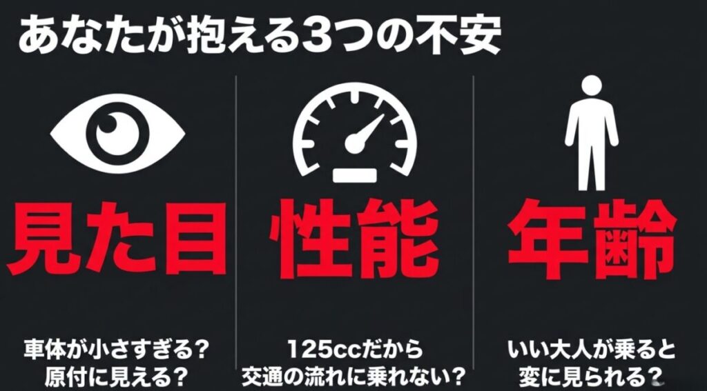 グロム：目、スピードメーター、人のアイコン。あなたが抱える3つの不安として、見た目（車体が小さすぎる？原付に見える？）、性能（125ccだから交通の流れに乗れない？）、年齢（いい大人が乗ると変に見られる？）を挙げた図解 。