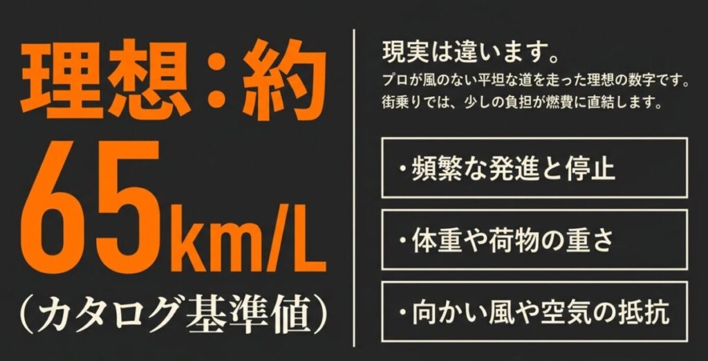 グロムの理想の燃費約65km/Lと、発進停止や重さなど現実の街乗りで燃費が落ちる要因の解説