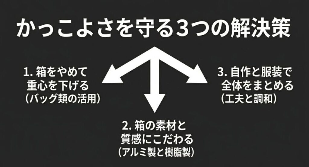グロム：箱をやめて重心を下げる、箱の素材と質感にこだわる、自作と服装で全体をまとめるという3つの解決策を示す3方向の矢印の図