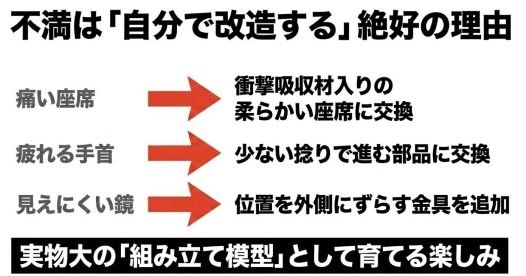 グロム：痛い座席や疲れる手首、見えにくい鏡といった不満を、部品交換や追加で解決し組み立て模型として育てる楽しみを解説したスライド