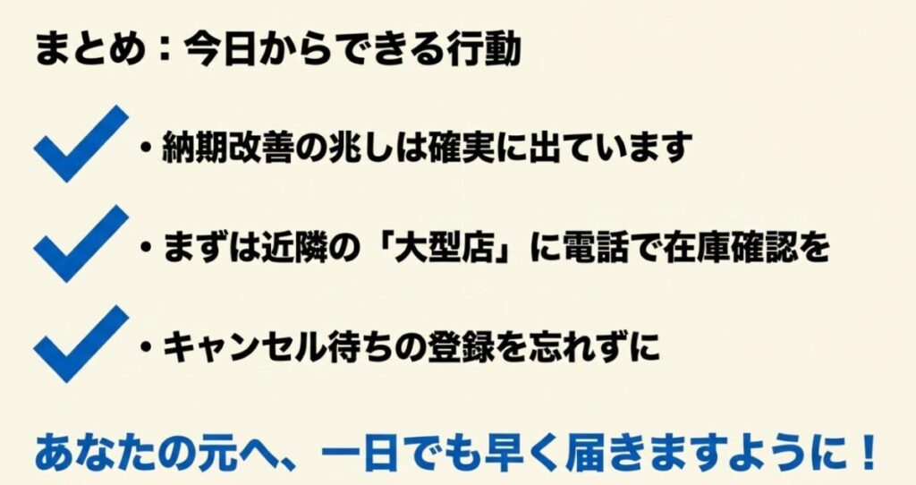 グロム：納期改善の兆しを踏まえ、近隣の大型店への在庫確認やキャンセル待ちの登録を促すまとめスライド