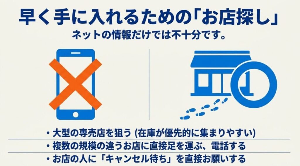 グロム：ネット情報に頼らず、大型専売店への訪問や直接のキャンセル待ち登録を推奨するお店探しのポイント