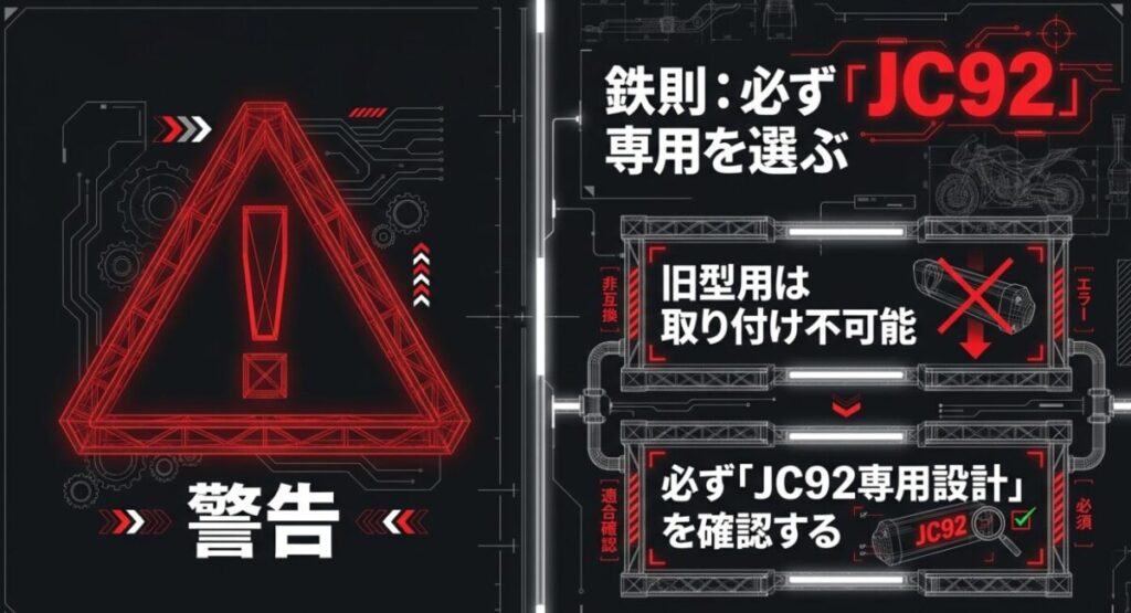 グロムのバックアップ：旧型用は取り付け不可能であり、必ず「JC92専用設計」を確認するという警告文