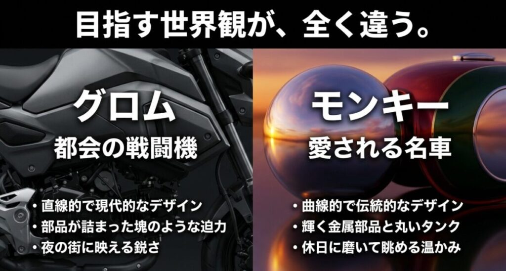 直線的で現代的な「都会の戦闘機」グロムと、曲線的で伝統的な「愛される名車」モンキー125のデザインと世界観の違い