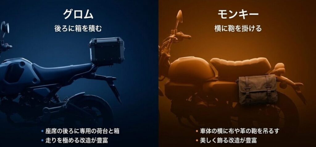 後ろに専用の箱を積むのが似合うグロムと、横に革の鞄を掛けるスタイルが似合うモンキー125のツーリング積載方法の比較