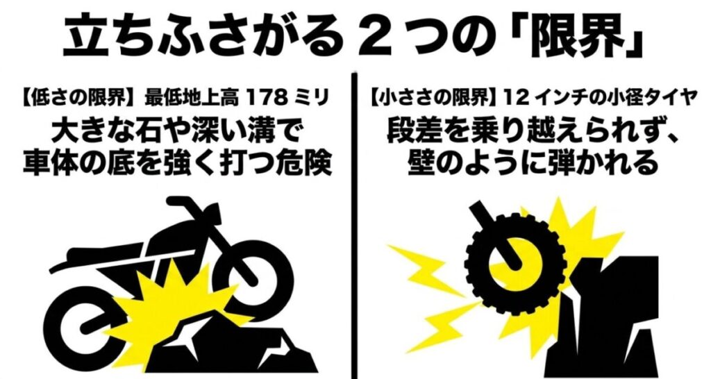 グロム（林道）：最低地上高の低さと12インチ小径タイヤによる底打ちや段差での弾かれやすさを解説する図