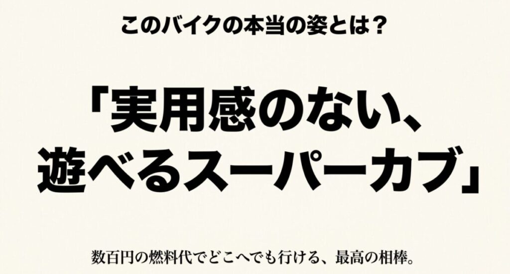 グロム:「遊べるスーパーカブ」という大きな文字。このバイクの本当の姿は実用感のない遊べるスーパーカブであり、数百円でどこへでも行ける最高の相棒であると説明するスライド