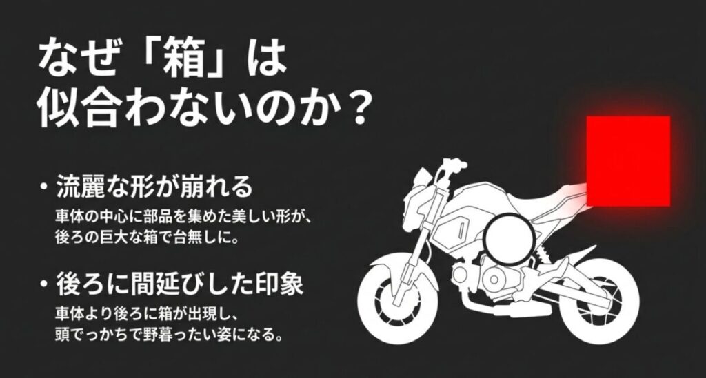 グロムの車体の中心に部品を集めた美しい形が、車体より後ろに出現した巨大な赤い箱によって頭でっかちで野暮ったく崩れてしまうことを示すバイクのシルエット画像