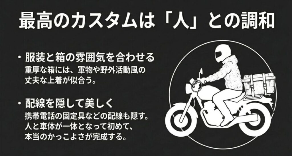 グロム：服装と箱の雰囲気を合わせることで、人と車体が一体となって本当のかっこよさが完成することを示す、ライダーが乗車しているイラスト