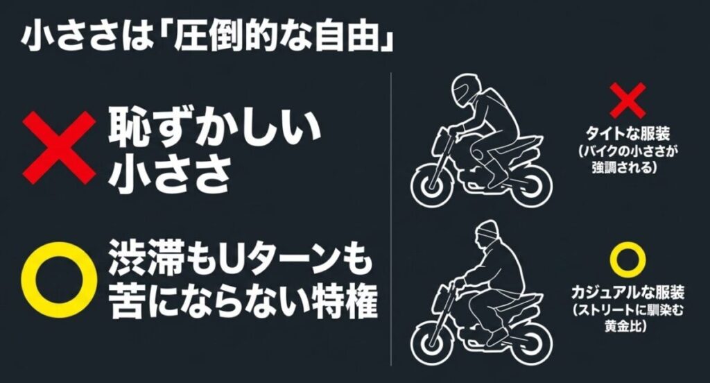 グロムに乗る2種類のライダーのシルエット。タイトな服装だとバイクの小ささが強調され、カジュアルな服装だとストリートに馴染む黄金比になることを説明する図解。小ささは渋滞もUターンも苦にならない特権としての「圧倒的な自由」であるというテキスト 。