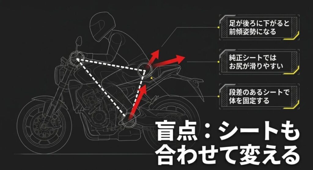 グロムのバックアップ：足が後ろに下がると前傾姿勢になり、純正シートではお尻が滑りやすくなるため、シートも合わせて変えることを推奨する解説