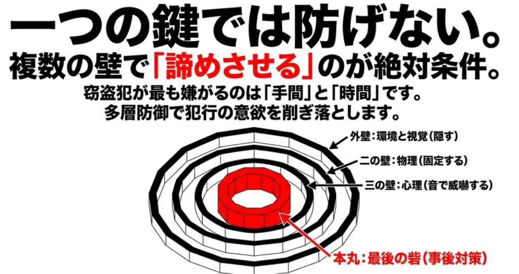 グロム：複数の壁で犯行意欲を削ぎ落とす概念図。環境と視覚による外壁、物理的な二の壁、音による三の壁、事後対策の本丸という多層構造 。