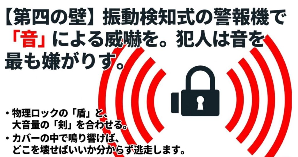 グロム：振動検知式の警報機による音の威嚇効果を示すイラスト。物理ロックの盾と大音量の剣を合わせることで窃盗犯を逃走させる 。