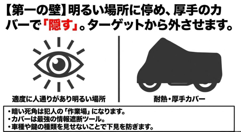 グロム：目玉マークとバイクカバーのイラスト。明るい場所に停め、厚手のカバーで車種や鍵を隠すことでターゲットから外させる第一の壁 。