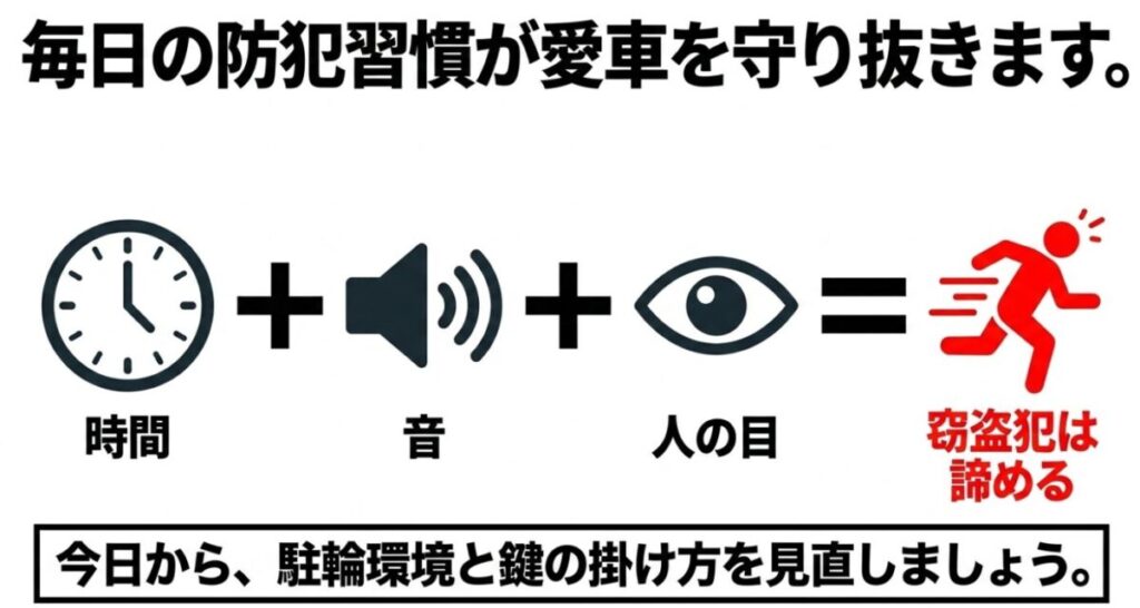 グロム：時間と音と人の目が合わさることで窃盗犯が諦めることを示す図。毎日の防犯習慣が愛車を守り抜く 。