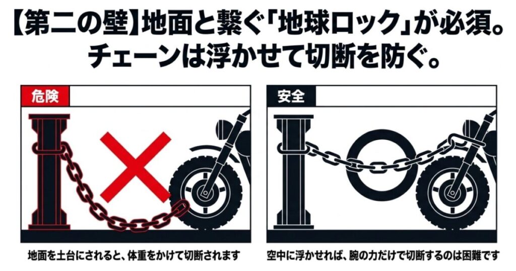 グロム：鉄柱とバイクをチェーンで繋ぐ図。地面を土台にされると切断されやすいため、チェーンを空中に浮かせ切断を防ぐ安全な地球ロックの方法 。