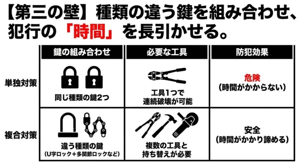 グロム：違う種類の鍵（U字ロックと多関節ロックなど）を組み合わせることで、複数の工具と持ち替えが必要になり、犯行時間を長引かせる効果を示した表 。
