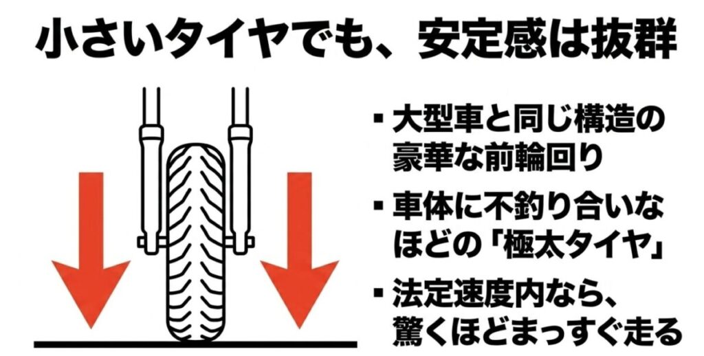 グロム：大型車と同じ構造の前輪回りと極太タイヤにより、法定速度内なら驚くほどまっすぐ走る抜群の安定感を解説したスライド