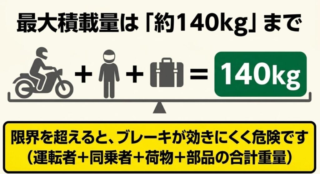 グロムの最大積載量は約140kg（運転者・同乗者・荷物・部品の合計）であることを示す限界重量のスライド