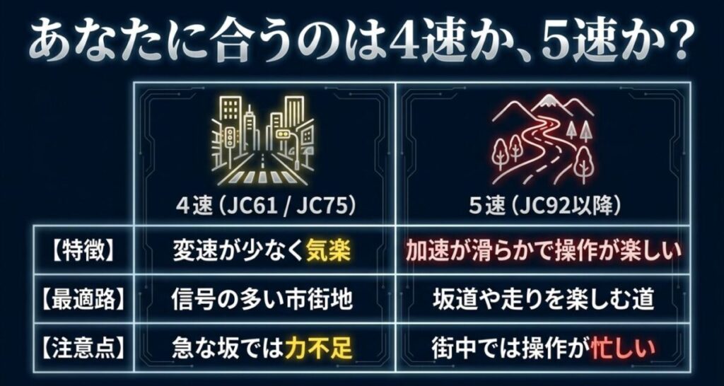 あなたに合うのは4速か、5速か？グロムの4速（JC61/JC75）と5速（JC92以降）の特徴、最適路、注意点を比較した表