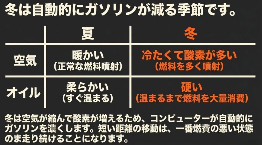 グロム：冬は空気が冷たく酸素が多いため燃料を多く噴射し、オイルも硬く温まるまで燃料を大量消費するという季節的要因の解説