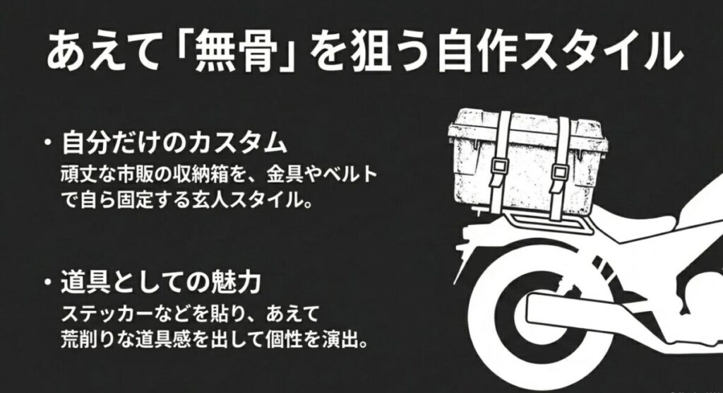 グロム：頑丈な市販の収納箱をベルト等で固定し、あえて荒削りな道具感を出して個性を演出する無骨な自作スタイルのバイク後部イラスト