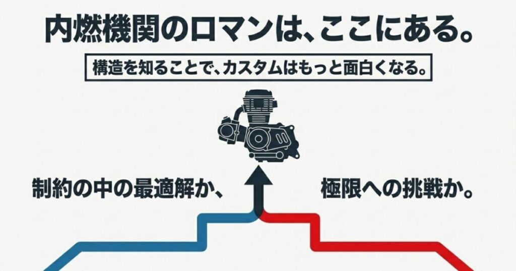 NSF100とエイプ100のエンジン：「構造を知ることで、カスタムはもっと面白くなる。」というメッセージと共に、制約の中の最適解（Ape100）か、極限への挑戦（NSF100）かという内燃機関のロマンを問いかけるエンディングスライド。