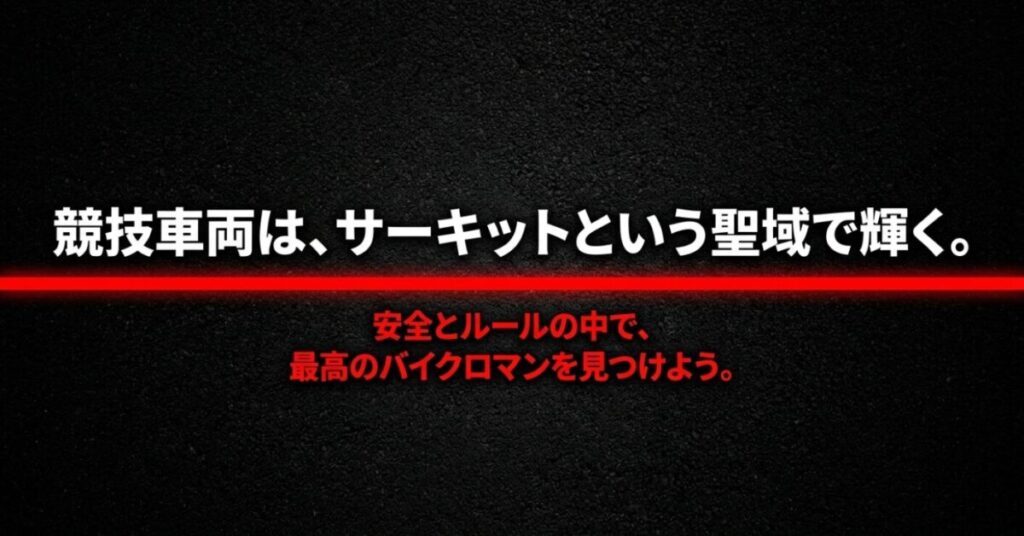 NSF250Rの公道仕様:記事のまとめスライド。「競技車両は、サーキットという聖域で輝く。安全とルールの中で、最高のバイクロマンを見つけよう。」というメッセージが記載されています。