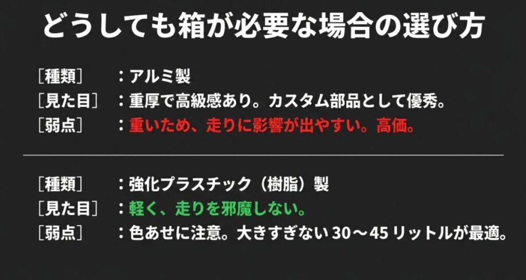グロム：重厚で高級感があるアルミ製と、軽くて走りを邪魔しない樹脂製のそれぞれの見た目と弱点を比較した解説