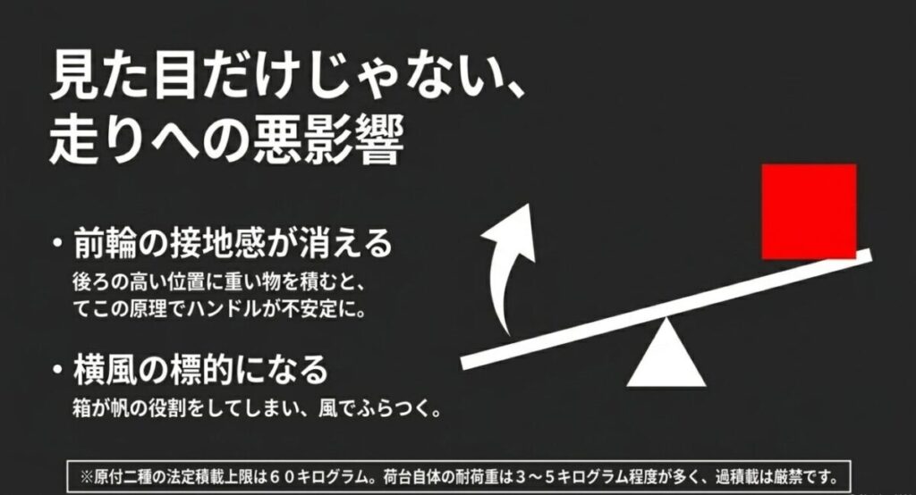 グロム：後ろの高い位置に重い箱を積むことでてこの原理が働き前輪の接地感が消えてしまう様子と、横風の標的になるリスクをシーソーで表現した図解