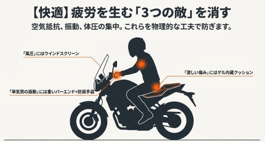 グロムのツーリング：風圧、単気筒の振動、お尻の痛みという疲労の原因を防ぐための物理的な工夫の図解